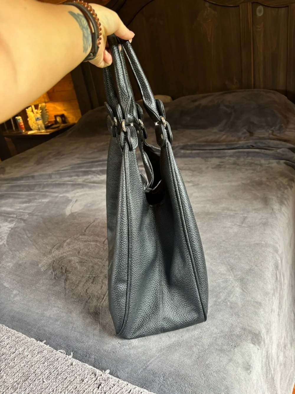Lancôme Black Hobo Shoulder Bag Purse, Pebbled Leather, Silver Hardware
